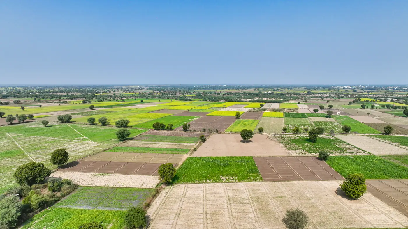 Aerial view of many small, differently colored farm plots fitted together in a patchwork